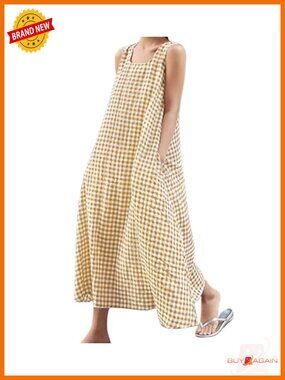 Women's Cotton Loose Fit Plaid Maxi Dress with Pockets Boho Beach Sundress